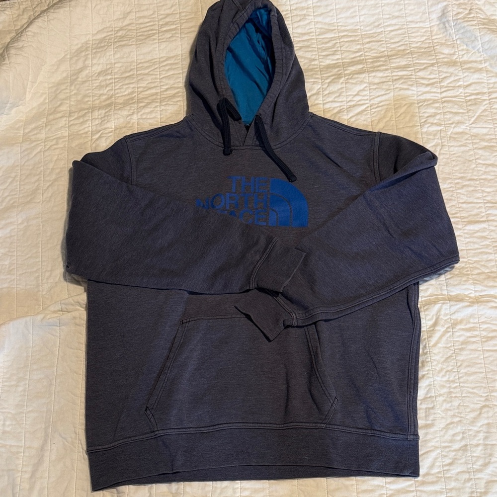 The North Face Men's Blue Gray Hoodie with Blue Logo